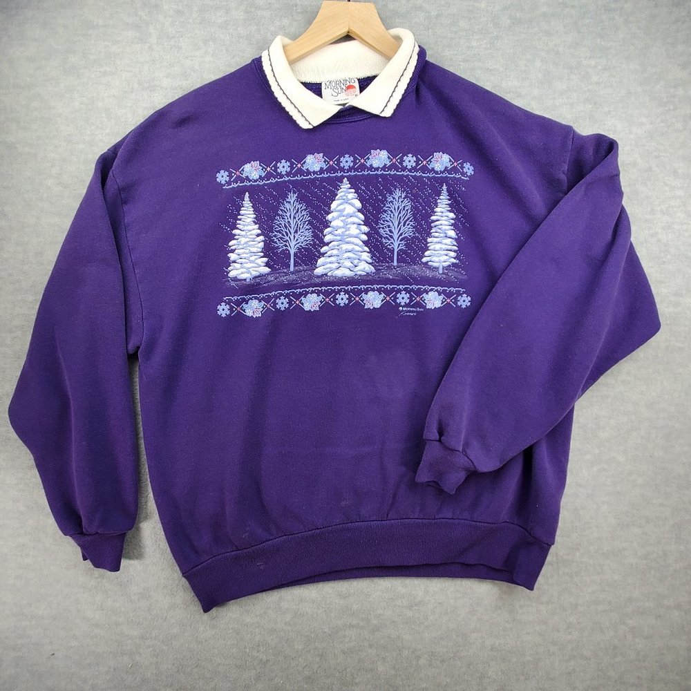 Vintage Morning Sun Womens Sweater XL Purple Winter Forest Puff Print Pullover